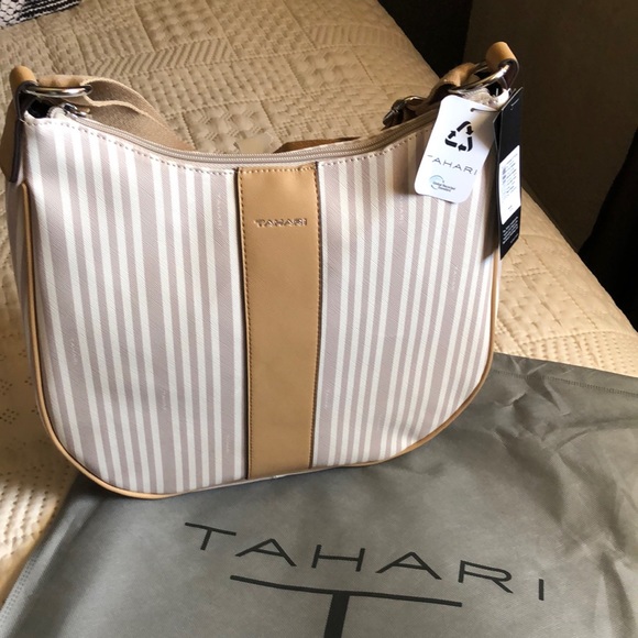T Tahari Handbags - Tahari Logo Hobo sand stripe handbag including grey cover protector.